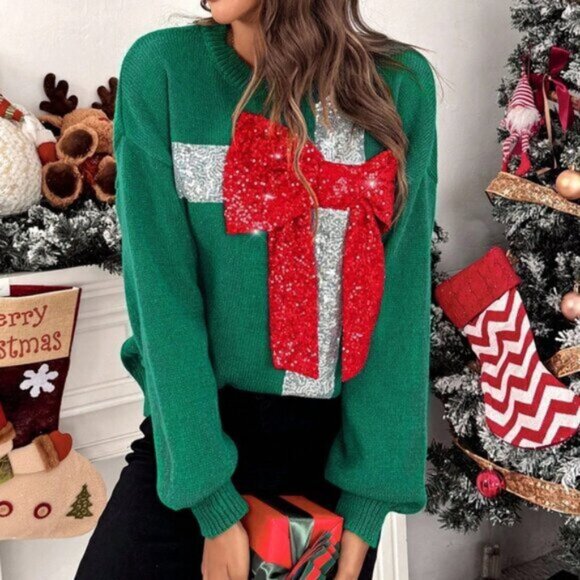 Multicolor Casual Women's Christmas Sweater with Sequins - Picture 3 of 6